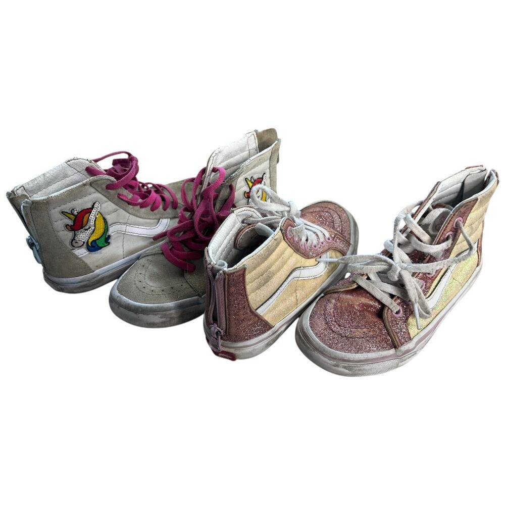 Set of 2 Vans sk8-hi high tops zip up back pink glitter rainbow unicorn girls 12